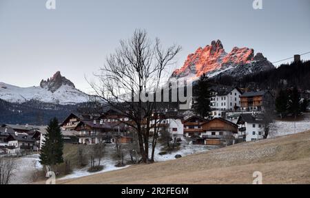 View from Faloria over Cortina d'Ampezzo with Tofana, landscape, mountains, Dolomites, winter in Veneto, Italy Stock Photo