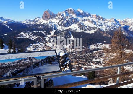 View from Faloria over Cortina d'Ampezzo with Tofana, landscape, mountains, Dolomites, panorama sign, winter in Veneto, Italy Stock Photo