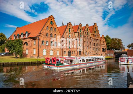 Salt storage facility on the banks of the Trave in Lübeck, Schleswig-Holstein, Germany Stock Photo