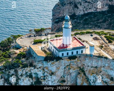 Spain, Balearic Islands, Mallorca, Pollenca, Flight past rocky cliffs and sea, Cap Formentor, coastal landscape Stock Photo
