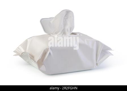 Open wet wipes flow pack, isolated on white background Stock Photo