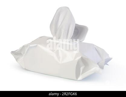 Open wet wipes flow pack, isolated on white background Stock Photo