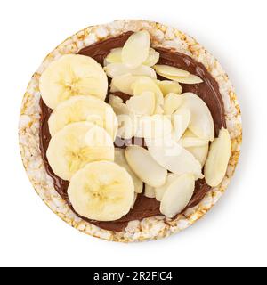 Rice cakes with chocolate paste and banana isolated on white background Stock Photo