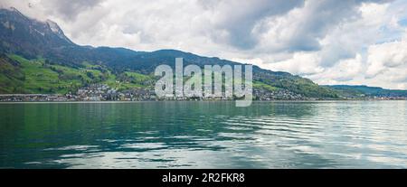 Scenic panorama of the shore of Lake Lucerne (German: Vierwaldstättersee) between Hergiswil and Horw, Switzerland Stock Photo