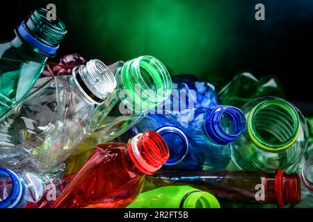 Empty colored drink bottles. Recyclable plastic waste Stock Photo