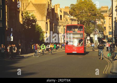 Oxford, United Kingdom - September 20 , 2019 : View of street scene with double decker red bus on the street of Oxford, United Kingdom. Stock Photo