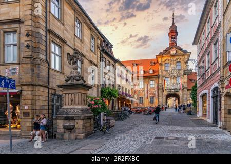 Old town hall in Bamberg, Upper Franconia, Franconia, Bavaria, Germany, Europe | City of Bamberg during sunset. UNESCO World Heritage Stock Photo