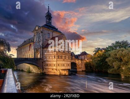 Old town hall in Bamberg at the blue hour, Upper Franconia, Franconia, Bavaria, Germany, Europe | City of Bamberg during sunset. UNESCO World Heritage Stock Photo