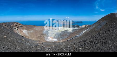 View over the large crater, Gran Cratere, Vulcano Island, Lipari or Aeolian Islands, Sicily, Italy Stock Photo