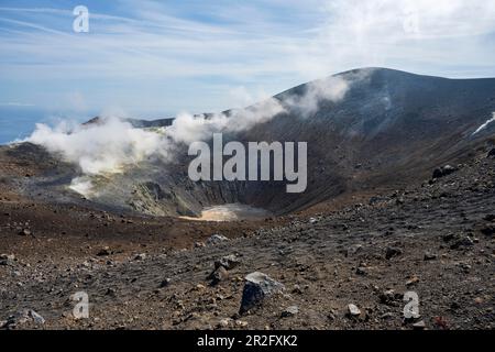 View over the large crater, Gran Cratere, Vulcano Island, Lipari or Aeolian Islands, Sicily, Italy Stock Photo