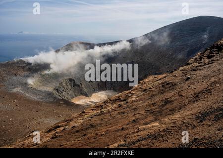 View over the large crater, Gran Cratere, Vulcano Island, Lipari or Aeolian Islands, Sicily, Italy Stock Photo