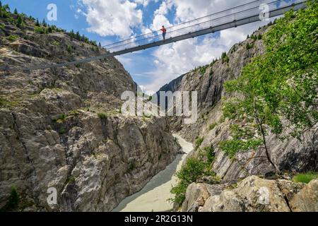 Woman while hiking stands on Aletsch suspension bridge, Aletsch suspension bridge, UNESCO World Natural Heritage Jungfrau-Aletsch, Bernese Alps, Switz Stock Photo