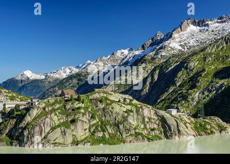 View of Grimselsee, Grimselhospiz and Urner Alps, from Grimsel Pass, UNESCO World Natural Heritage Jungfrau-Aletsch, Bernese Alps, Switzerland Stock Photo