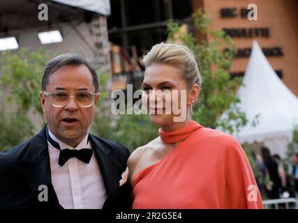German actor, musician, director and producer Jan Josef Liefers with woman actress and singer Anna Loos, German Film Award Lola 2023, Berlin, Germany Stock Photo