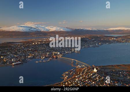 View from Fjellheisen to Tromsö in Tromsöysundet, snow, Troms, Norway, Europe Stock Photo