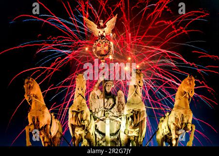 Brandenburg Gate on New Years Eve, Quadriga, fireworks, Berlin, Germany Stock Photo