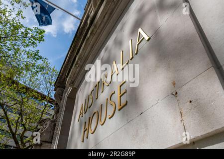London. UK- 05.17.2023. The name sign for Australia House, the Australian High Commission situated on the Strand. Stock Photo
