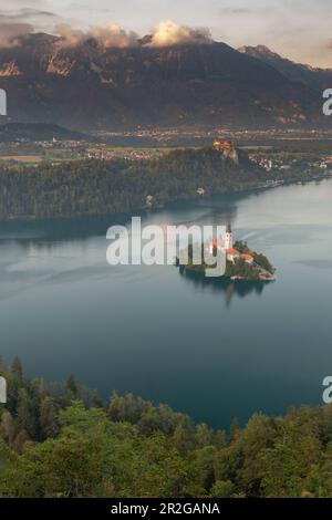 View of St. Mary's Church on island in Lake Bled, Slovenia. Stock Photo