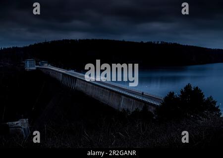 Rappbode Dam at night, traces of light. Oberharz am Brocken, Saxony Anhalt, Germany. Stock Photo