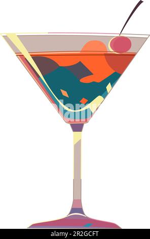 Cocktail in martini glass with maraschino cherry. Vector illustration in flat technique Stock Vector
