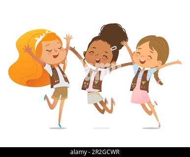 Multi ethnic multi aged girls scout happily jumping. Brownie ligue girls scout together. Girls friends together. Brownie Girls Scout Uniform Stock Vector