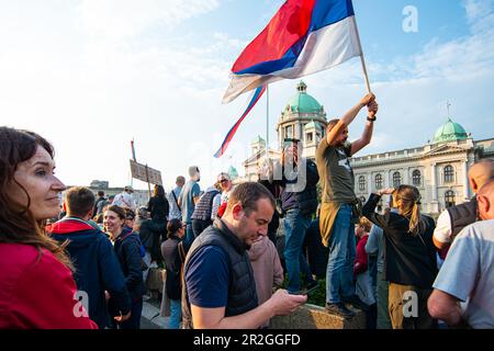 19 May 2023, Belgrade, Serbia, Peoples protest organized by political opposition demanding some ministers resignations and equal approach to the media Stock Photo