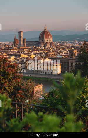 View from the rose garden Giardino delle Rose, Florence city panorama below from Piazzale Michelangelo, Tuscany, Italy, Europe Stock Photo