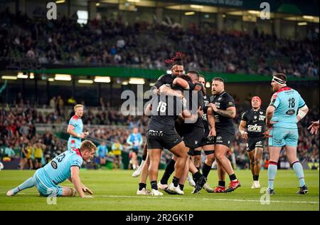 RC Toulon's Charles Ollivon celebrates scoring their side's third try of the game during the ECPR Challenge Cup final at Aviva Stadium, Dublin. Picture date: Friday May 19, 2023. Stock Photo