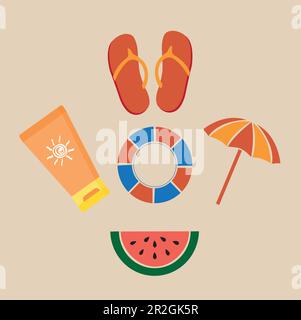 Flip flops, umbrella, lifesaver and a sun tan lotion on a brown background Stock Vector