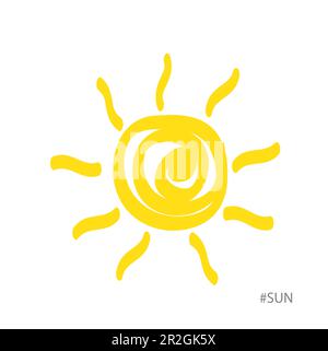 A handmade drawing of a yellow sun on a white background with copy space Stock Vector