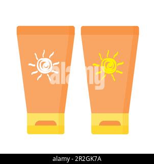 Two suntan lotion bottles with a sun draw on a white background with copy space Stock Vector