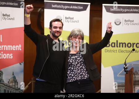 Newly elected Micky Murray and Tara Brooks from the Alliance Party at Belfast City Hall during the Northern Ireland council elections. Picture date: Friday May 19, 2023. Stock Photo