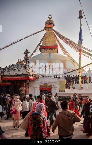 Crowds at the Bodnath (Boudhanath) Stupa, Kathmandu, Nepal, Himalayas, Asia Stock Photo