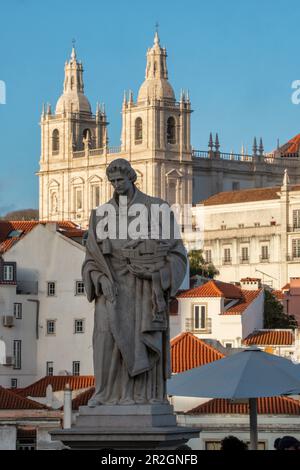 Statue of Sao Vicente, Portas do Sol, behind Church and Convent of Sao Vicente de Fora, Alfama Quarter, Lisbon, Portugal, Europe Stock Photo