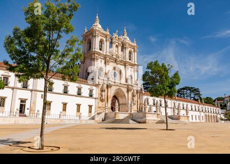 The magnificent baroque facade of the Monastery and World Heritage Site Mosteiro de Santa Maria de Alcobaca in western Portugal Stock Photo