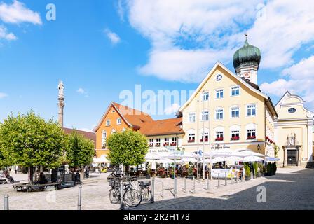 Marienplatz with Marian Column and Parish Church of St. Nicholas in Immenstadt im Allgäu in Bavaria in Germany Stock Photo