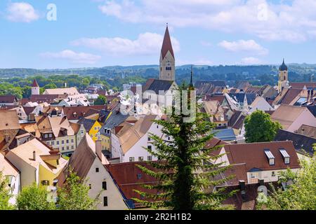 City view of Kaufbeuren with the Church of St. Martin and the Trinity Church in the Östallgäu in Bavaria in Germany Stock Photo