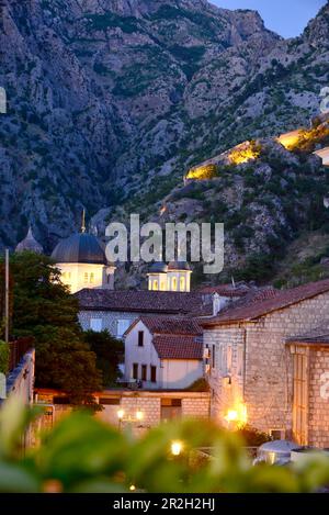 View from Skudra promenade with fortress wall, Kotor on the inner bay of Kotor Bay, Montenegro Stock Photo