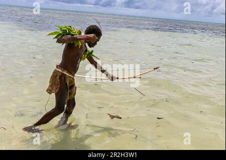 In the Solomon Islands, the arch used for fishing is typically made from locally available materials such as wood, bamboo, or other sturdy plant materials. Skilled fishermen utilize their knowledge of fish behavior and habitat to position themselves strategically, often at fishing grounds known for their abundance of fish. Stock Photo