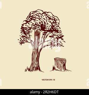 Vector deciduous tree and stump. Graphic arts. As a design element for decorative wall, banners, forest theme, book illustrations. Stock Vector