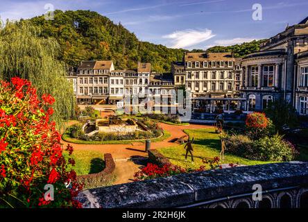 View of the park and the main building of the casino, with the wooded hill of Colline d´Annette et Lubin in the background, Spa, Province of Liège, Be Stock Photo