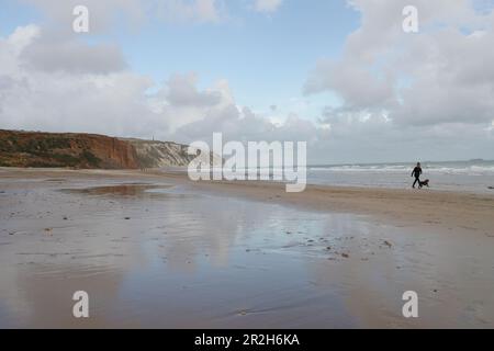 Woman with dog walking along the beach at Yaverland Beach on the Isle of Wight with chalk cliffs in the background Stock Photo