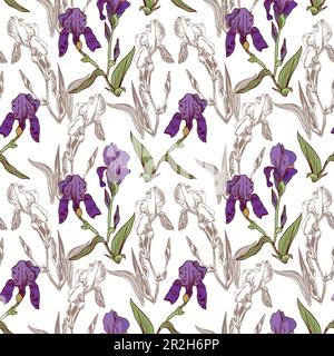 Vector purple irises with leaves, iris silhouette. Flower seamless pattern for baby textiles, wrapping paper, greeting cards, wallpapers and covers. Stock Vector
