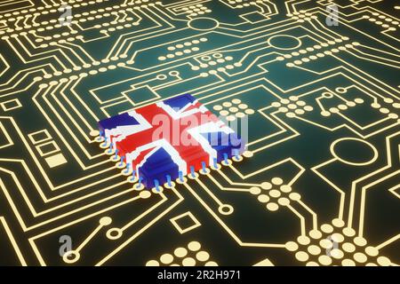 An advanced CPU printed with a flag of UK on a neon glowing electronic circuit board. The concept of United Kingdom made high-end micro chips. Stock Photo