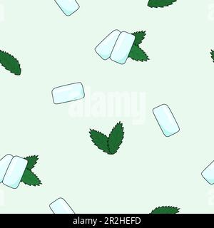 Seamless pattern with mint gum pads and fresh mint leaves, doodle style flat vector illustration Stock Vector