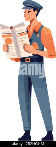 Construction worker holding blueprint, wearing hardhat and uniform isolated Stock Vector