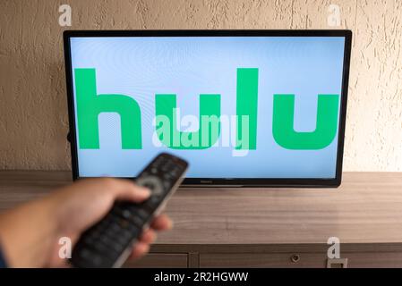 Brazil, Rio de Janeiro - May 19, 2023: Flat-screen TV set displaying logo of Hulu, a U.S.-based subscription video on demand service. Stock Photo