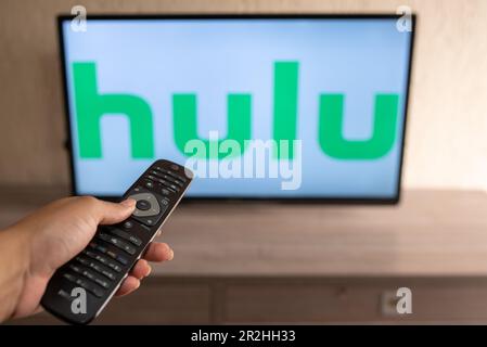 Brazil, Rio de Janeiro - May 19, 2023: Flat-screen TV set displaying logo of Hulu, a U.S.-based subscription video on demand service. Stock Photo