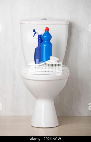 Cleaning supplies and toilet bowl in bathroom. Space for text Stock Photo