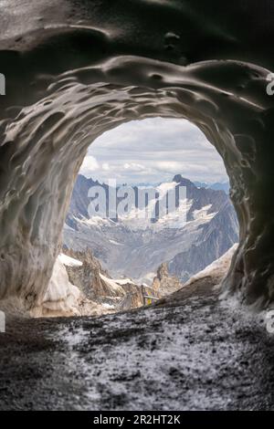 Cave exit from the Aiguille du Midi for mountaineers, Vallée de Chamonix-Mont-Blanc, Le Mont-Blanc, Bonneville, Haute-Savoie, Auvergne-Rhône-Alpes, Fr Stock Photo